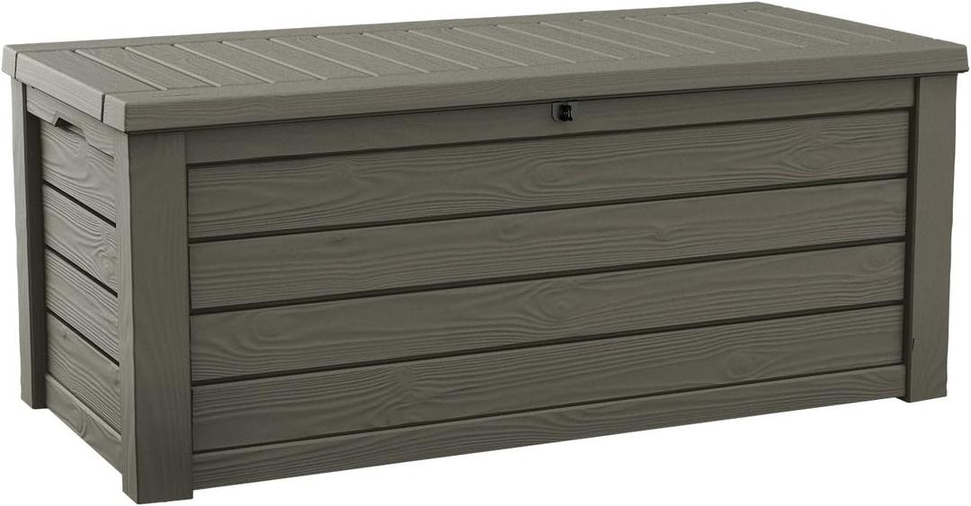 Keter Westwood 150 Gallon Resin Large Outdoor Storage Box for Patio Furniture, Outdoor Cushions, Garden Tools and Pool Floats, Taupe (Mossy Brown)