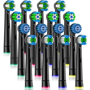 Qitizu Replacement Heads Compatible with Oral B Braun Electric Toothbrush, Replacement Toothbrush Heads Fit for Oral-b Pro 1000/ 7500/ 3000/ 7000/ 8000/ 500, 16 Packs (Black)
