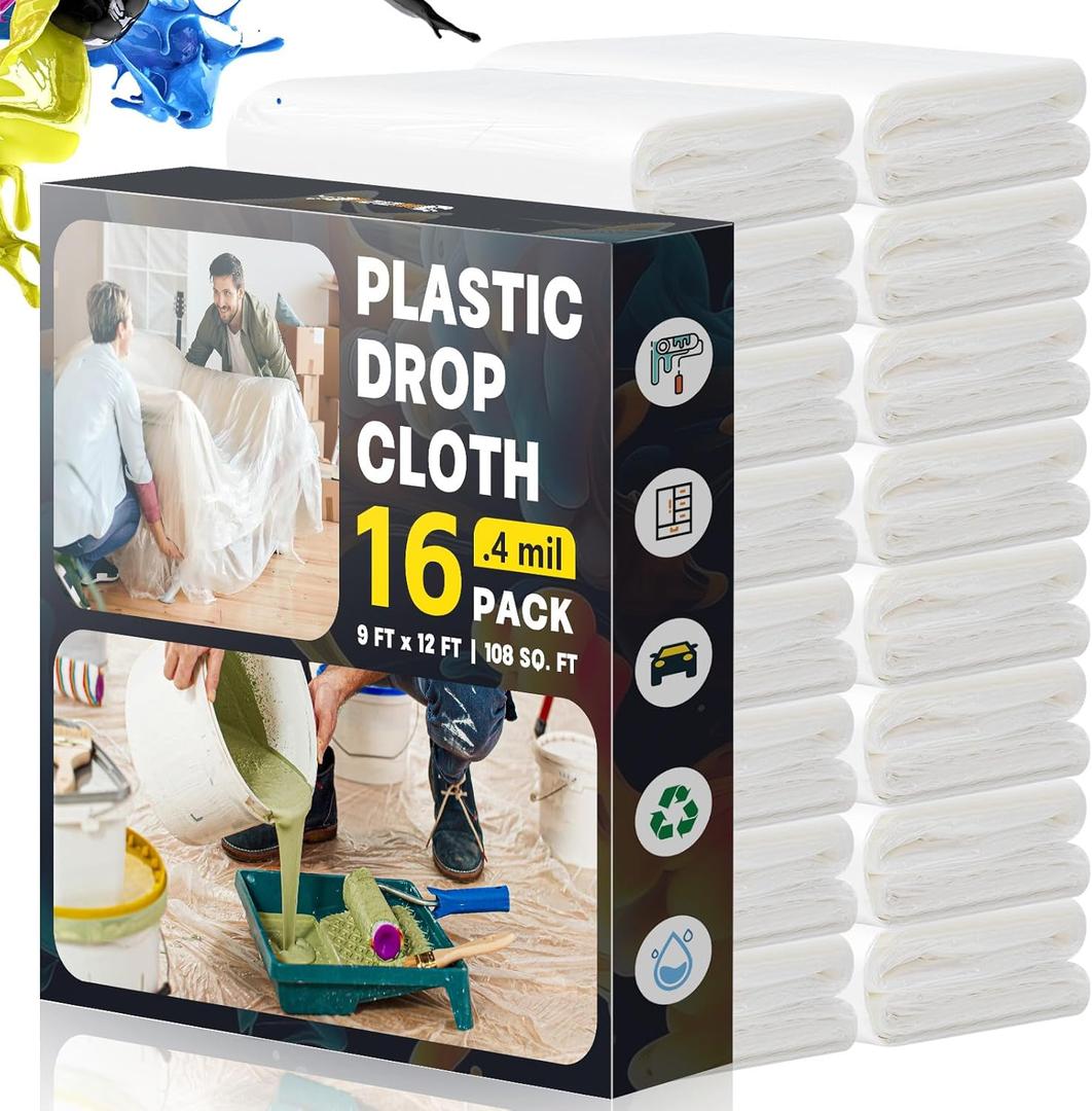 Plastic Drop Cloths for Painting, 9x12 Ft Extra Large Painting Supplies, Plastic Sheet Dust Cover for Furniture, Floor, Couch Protector (16-Pack)