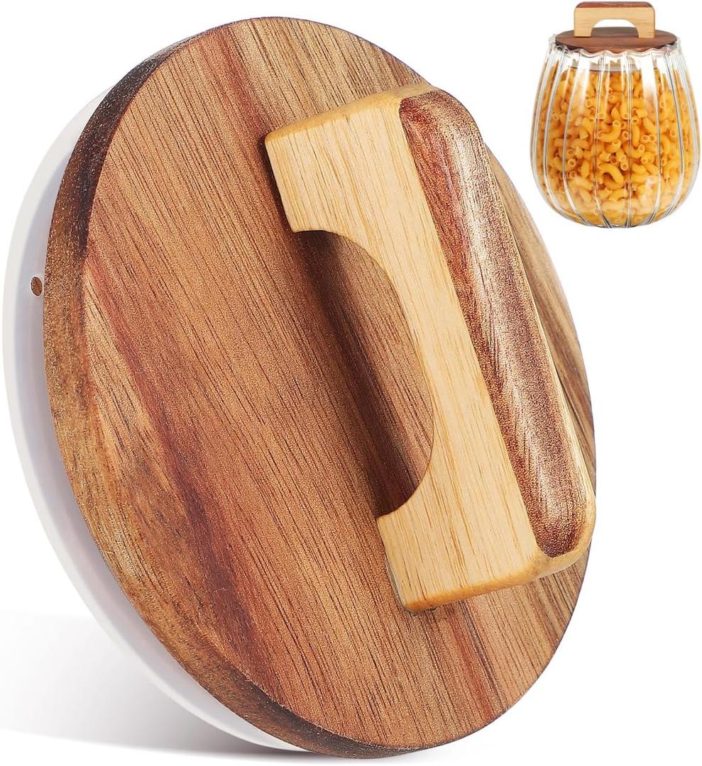 DOITOOL Wood Mason Jar Lids with Silicone Sealing Ring, 4 Inch Round Wide Mouth Acacia Wood Canning Jar Lids Covers with Handle