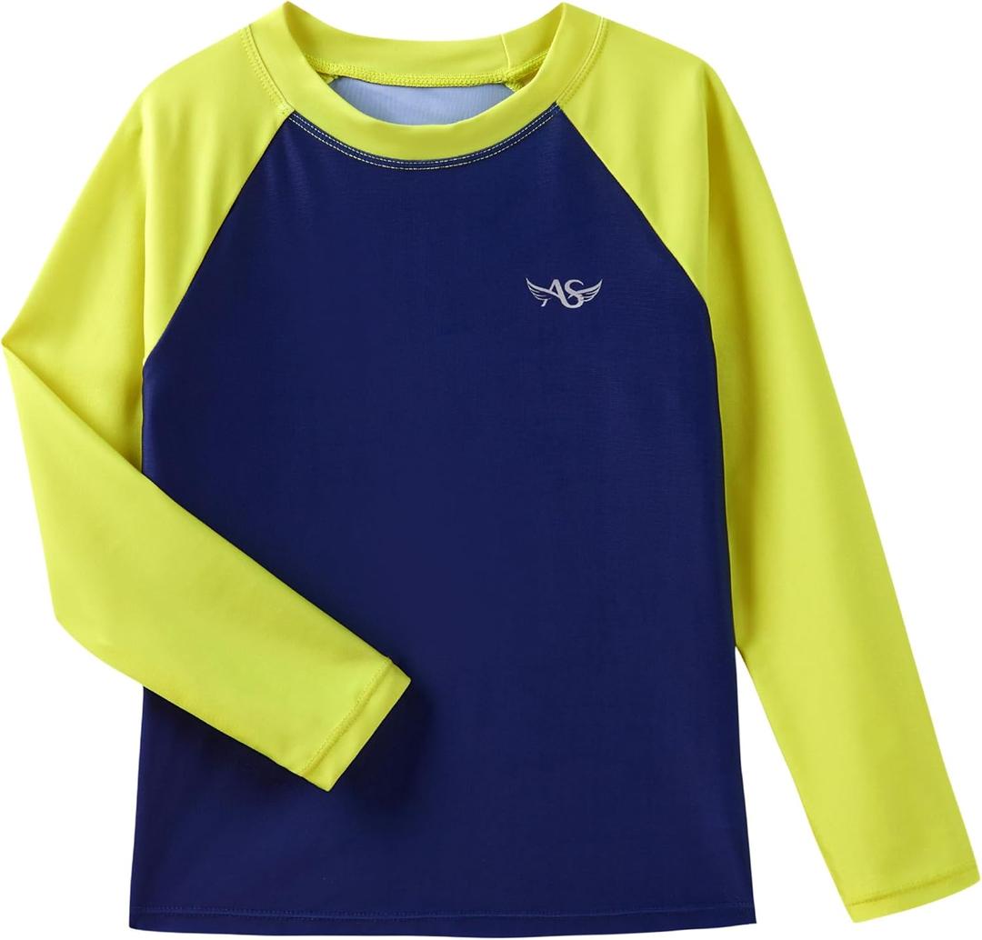 Angel season Rash Guard for Boys UPF 50+ Swim Shirt Long Sleeve Bathing Suit Summer UV Protection Sun Shirts Rashgurad (4T, Yellow+navy Blue)