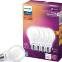 PHILIPS LED 60W A19 4-Pack Ultra Definition Soft White (2200K) 800 Lumen (8W=60W) Dimmable Flicker Free Light Bulbs