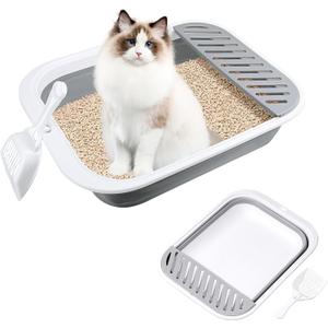 Cat Litter Box for Travel, 18"14" Grey Small Litter Box for Open Foldable Waterproof Litter Pan,Kitty Litter Box Easy to Clean and Assemble, Portable Litter Box with Scoop