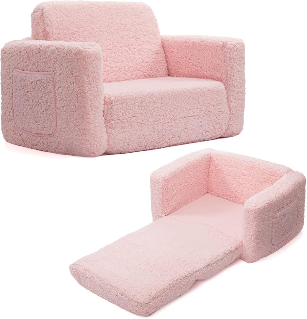 ALIMORDEN 2-in-1 Flip Out Cuddly Sherpa Toddler Couch Convertible Sofa to Lounger, Pink (Armchair)