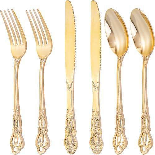 Joyido 300Pieces Gold Plastic Silverware - Heavy Duty Gold Disposable Utensils - Vintage Plastic Cutlery Set Includes 100 Forks, 100 Spoons, 100 Knives for Dinner Parties Weddings