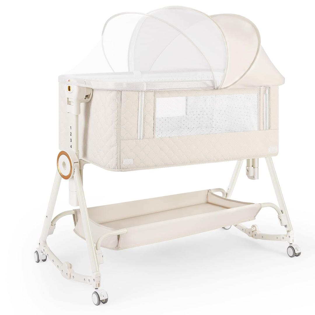 Baby Bassinet 5 in 1,Baby Bedside Bassinet with Diaper Changer, Mosquito Net, Mattress, Storage Layer, Can Be Stored in One Button Travel Crib (Beige)