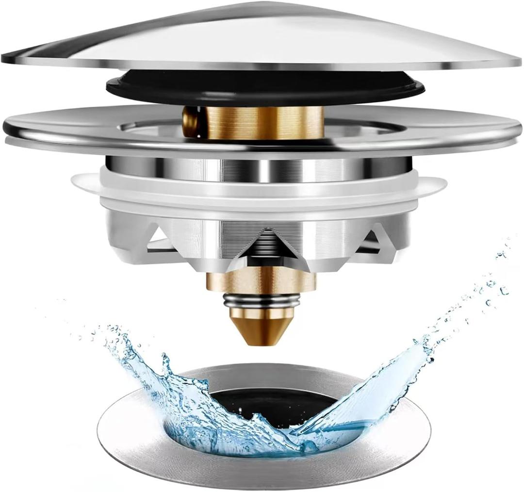 Anlige Bathtub Drain Stopper, Pop Up Tub Stopper and Cover, Bottom with Hair Catcher, Universal for 1.45 to 1.8 in Drain, Replaces Old Drain Plug, Chrome Silver
