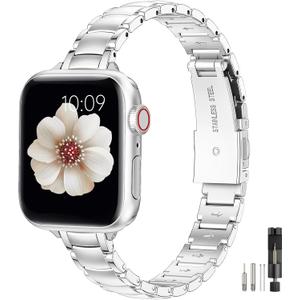 MioHHR Thin Metal Bands Compatible with Apple Watch Band 38mm 40mm 41mm 42mm(Series 10),Slim Narrow Stainless Steel Strap for Women iWatch Bands Series 9 8 7 6 5 4 SE 3 2 1,Silver