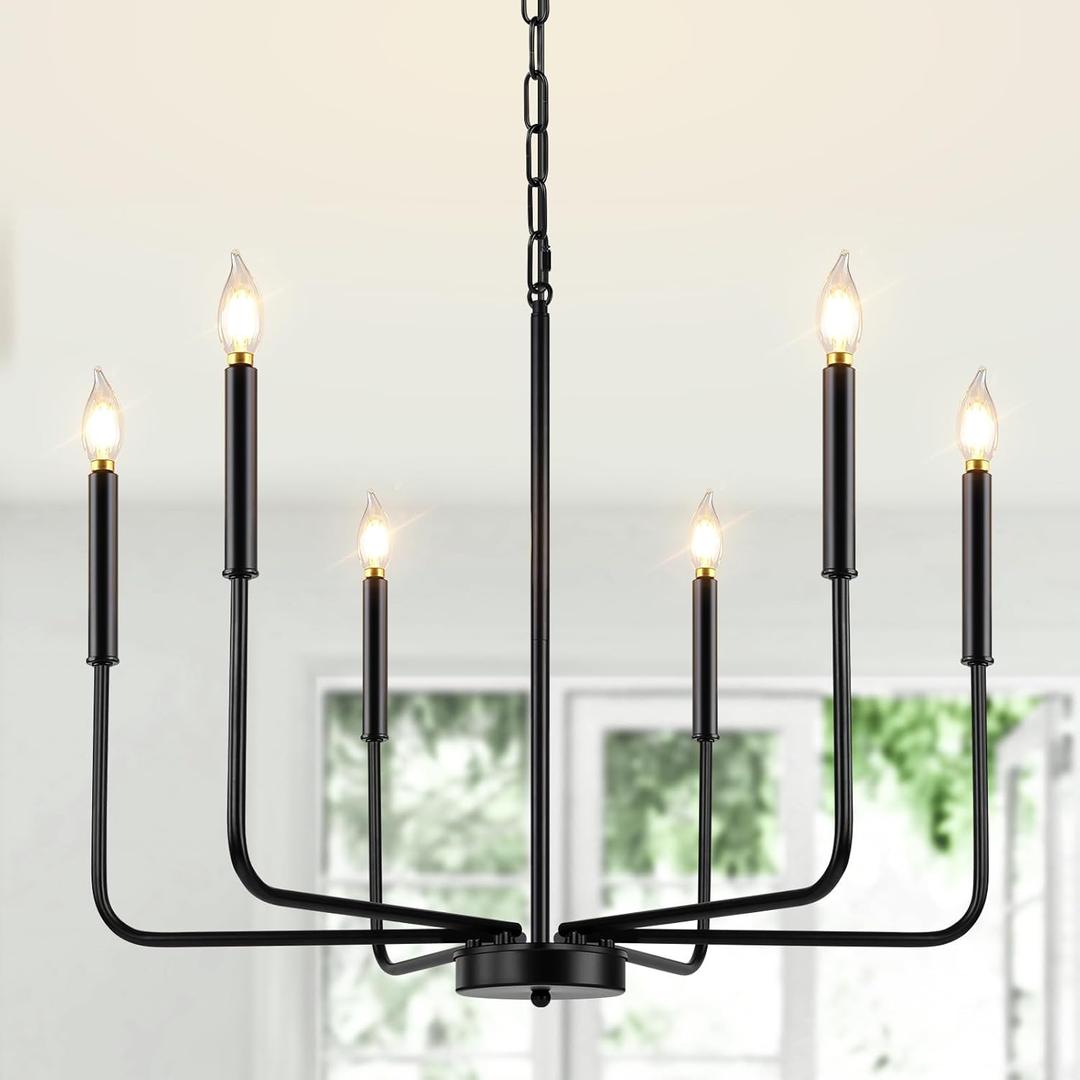 Black Chandelier, 6-Light Modern Farmhouse Chandeliers for Dining Room Light Fixtures, Rustic Industrial Candle Hanging Pandent Lighting for Bedroom, Living Room, Kitchen, Entryway, Foyer