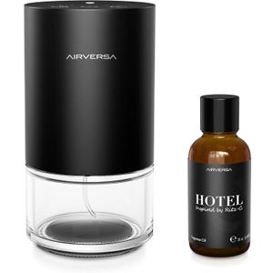 Airversa Waterless Essential Oil Diffuser with 30mL Hotel Scent Fragrance Oil, Aromatherapy Diffusers for Home Room, Bedroom, Car, Office, Desk, Battery Operated, 100mL Capacity Bottle, AN9 Black Kit