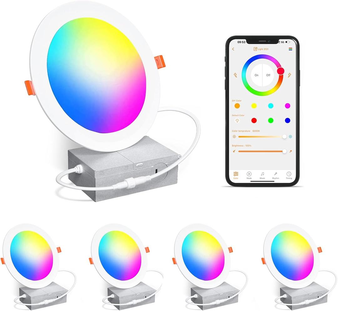 Smart Recessed Lighting 4 Inch RGBCW Color Changing 12W LED Recessed Ceiling Light with Junction Box,2700 K-6000K,1080LM Canless Downlight Compatible with Alexa,Dimmable by Bluetooth Control (4 Pack)