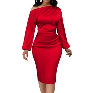 Yiershu Women's Sexy Fall Off Shoulder Bodycon Dress Elegant Long Sleeve Formal Cocktail Party Midi Maxi Dresses (Large, Red)