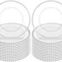 24 Pack Clear Charger Plates With Silver Beaded Rim - 13 Inch Plate Chargers for Dinner, Acrylic Decorative Plates, Transparent Decorative Dinner Charger Plates for Events & Parties (Silver)