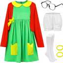 Panitay 7 Pcs Women's Halloween Costume Outfits Green Dress Red Knit Cardigan Shorts Glasses Socks Hair Tie for Cosplay (X-Large)