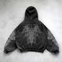 Y2K Vintage Printed Punk Hoodies Spring Autumn Men Women Casual Hoodie Gothic Fashion Harajuku Sweatshirt (Black, L)