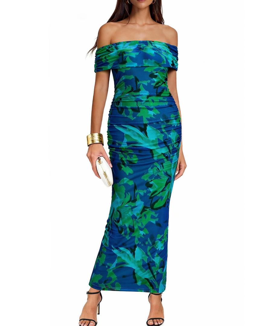 BTFBM Cocktail Dresses for Women 2026 Elegant Classy Off Shoulder Bodycon Mesh Slit Floral Maxi Spring Summer Dress(Floral Green, X-Large) (XL)