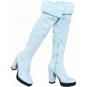Allegra K Women's Platform Faux Fur Zipper Chunky Heel Sky Blue Over Knee Thigh High Boots 7 M US