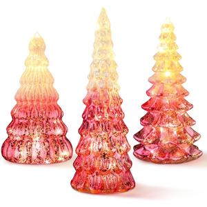 Funnymoom 3 Pack Glass Christmas Trees Decorations Gradient Lighted Christmas Tree 11.4 Inch Snow Top Glitter Xmas Winter Tabletop Centerpieces Gift for Home Fireplace Table Mantle Holiday(Pink)