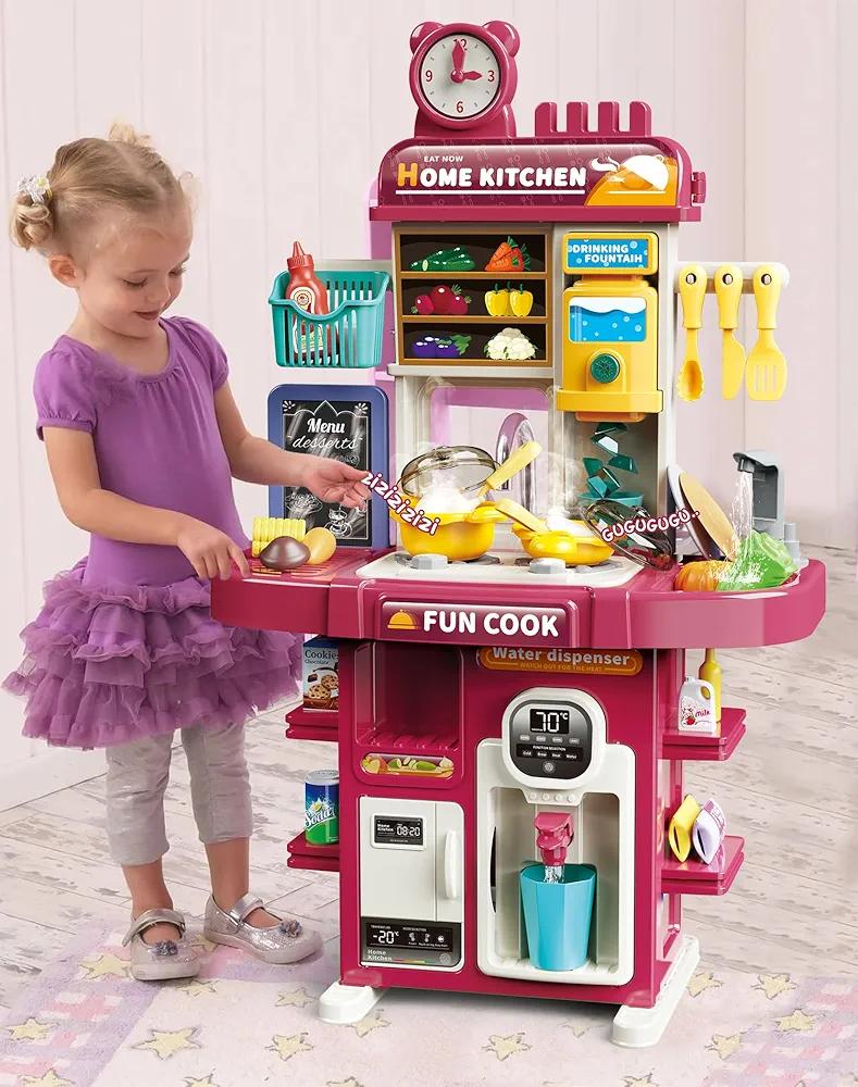 50PCS Baby Play Kitchen Toys Set with Sound and Light, Kids Pretend Kitchen for Toddlers Age 1-5 with Cooking Stove, Sink, Ice Maker, Water Dispenser, Refrigerator, and Play Food for Girls (Pink)