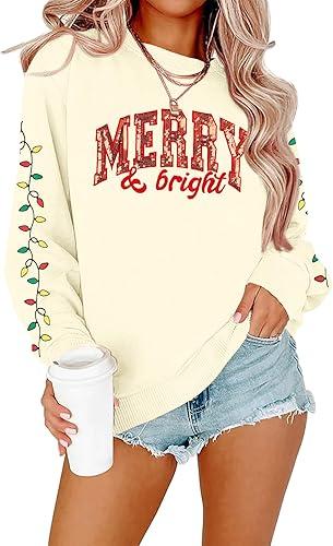 Merry Christmas Sweatshirts Women Merry and Bright Christmas Outfit Sequin Letter Printed Xmas Pullover Tops,  XL