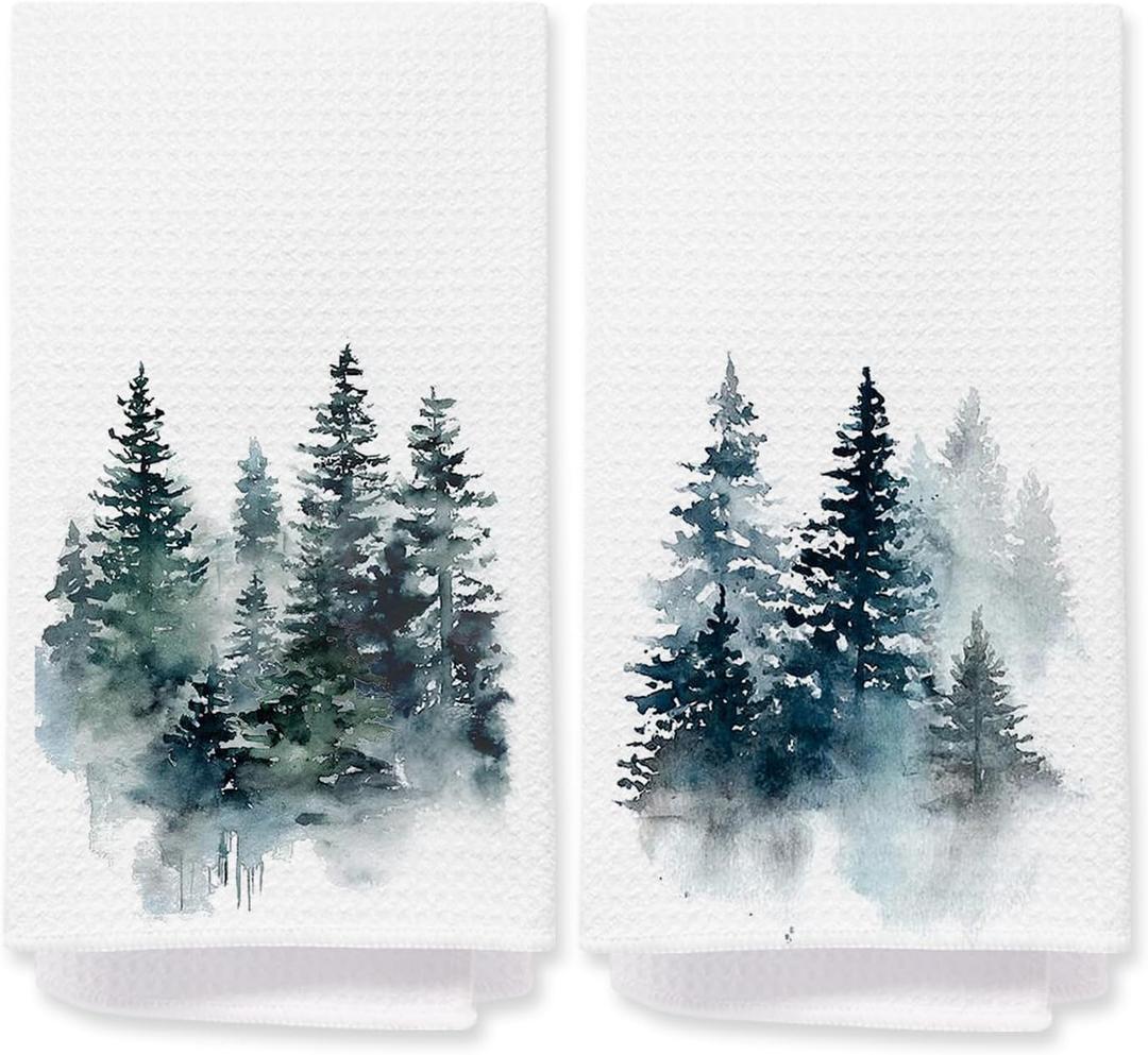 ATPOM Misty Winter Pine Tree Forest Kitchen Towels, Navy Blue Winter Foggy Pine Tree Nature Landscape Decorative Hand Towels, Farmhouse Rustic Dish Tea Towel, 16x24 Inches Set of 2