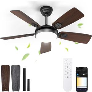 Ceiling Fans with Lights and Remote/APP Control,42" Flush Mount Ceiling Fan with Quiet Reversible Motor, 3 Colors Dimmable, 6 Speeds, Timing, Memory Function for Bedroom Home Office (Walnut)