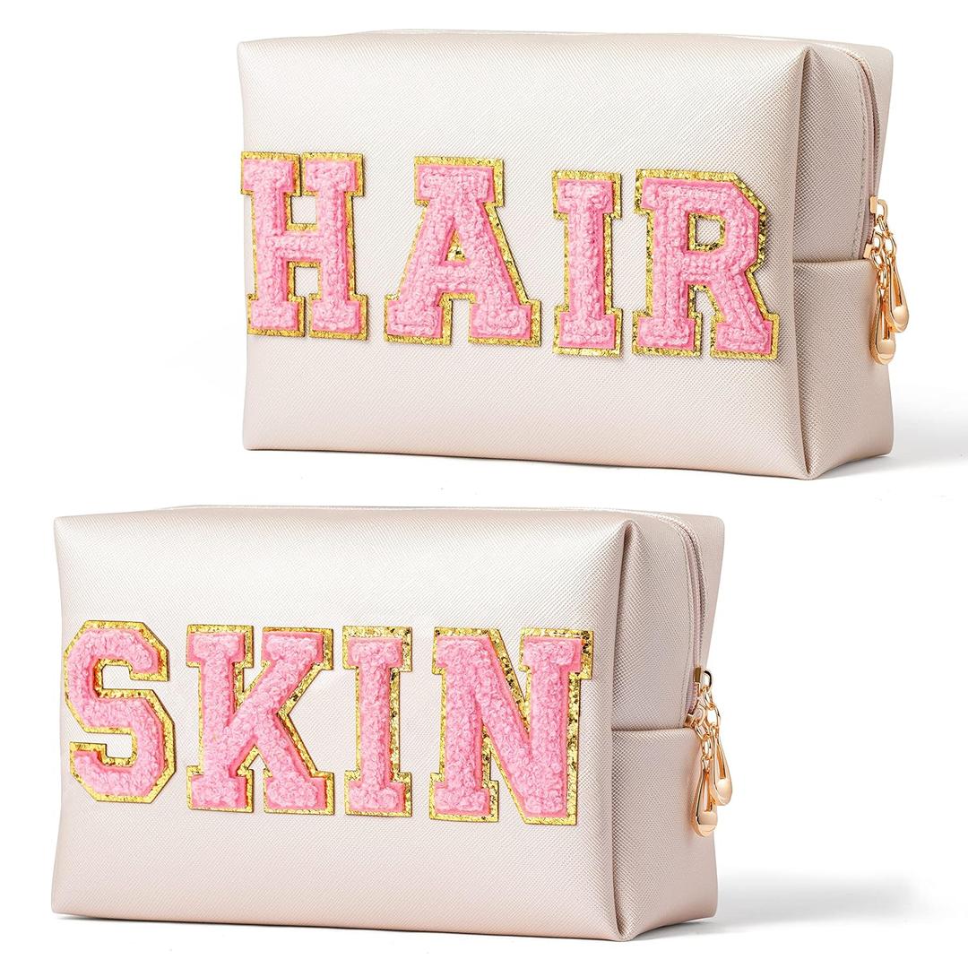 Y1tvei 2Pcs Preppy Patch SKIN HAIR Varsity Letter Cosmetic Toiletry Bag Pink Letter Makeup Bag Zipper Pouch Storage Portable Purse Waterproof Travel Organizer Gift for Women Teen Girls (Shell Gold)