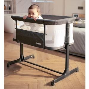 AMKE Baby Bassinet, Bedside Sleeper with Adjustable Height & Breathable Mesh, Portable Bassinet with Wheels, Easy Fold Design - Newborn Crib with Drop Down Side for Infants up to 20 Lbs (Dark Grey)