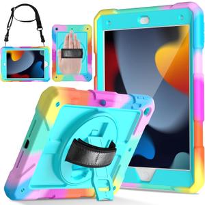 LTROP Case for iPad 9th/ 8th/ 7th Generation (2021/2020/2019), Shockproof 10.2 iPad Cover with Shoulder Strap Pen Holder Swivel Stand, Aqua Teal