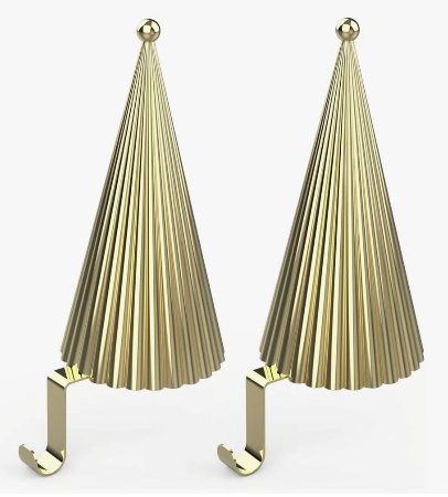 Christmas Tree Stocking Hanger Set of 2 - Metal Stocking Holder for Fireplace Mantle - Heavy Duty Gold Tree Set