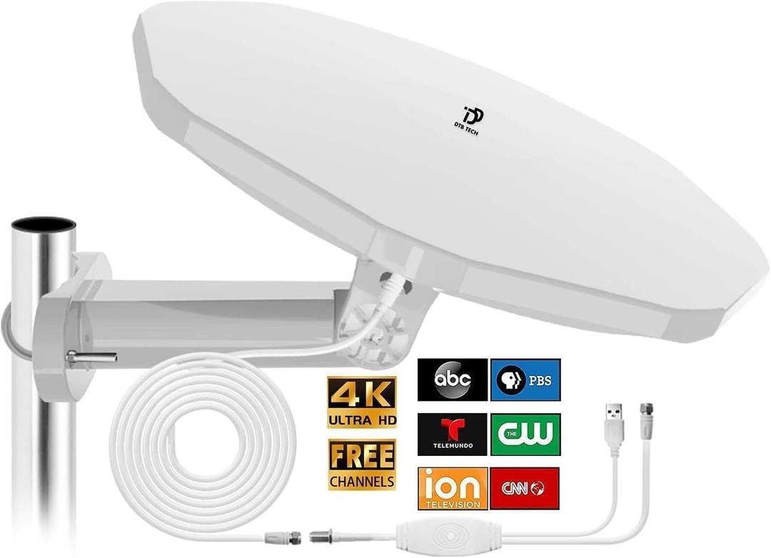 Outdoor TV Antenna 360 Omni-Directional Reception 120+ Miles Long Range Enhanced VHF and UHF 4K HDTV Antenna for Added Stability, Digital Antenna for Camper/Attic/RV - 33FT RG6 Coax Cable (TV084-2)