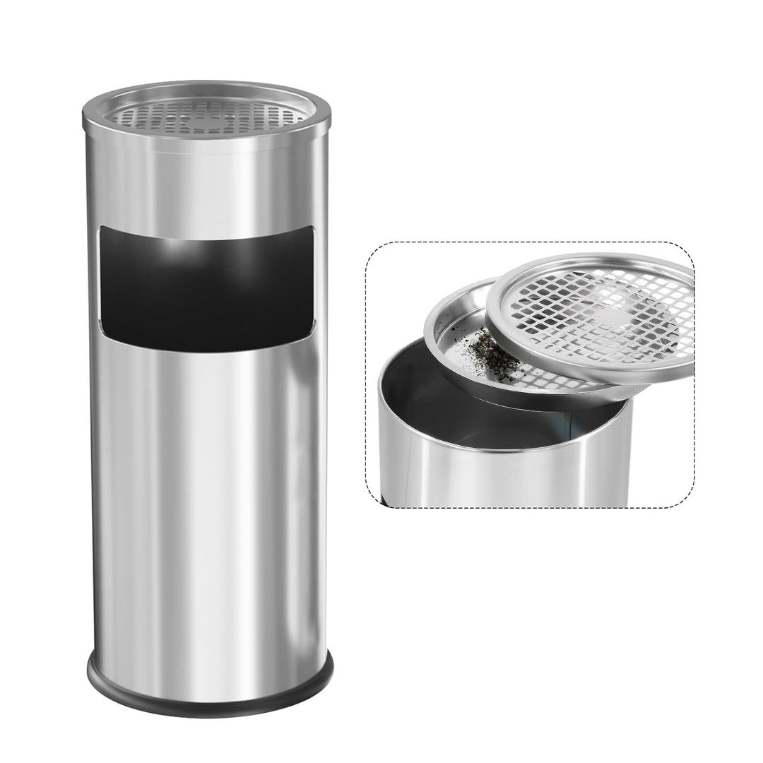 Trash Can Outdoor Waste Container Round Stainless Steel Trash Can with Removable Inner Bucket for Disposal Commercial Waste Container 9.8 x 24- Silver
