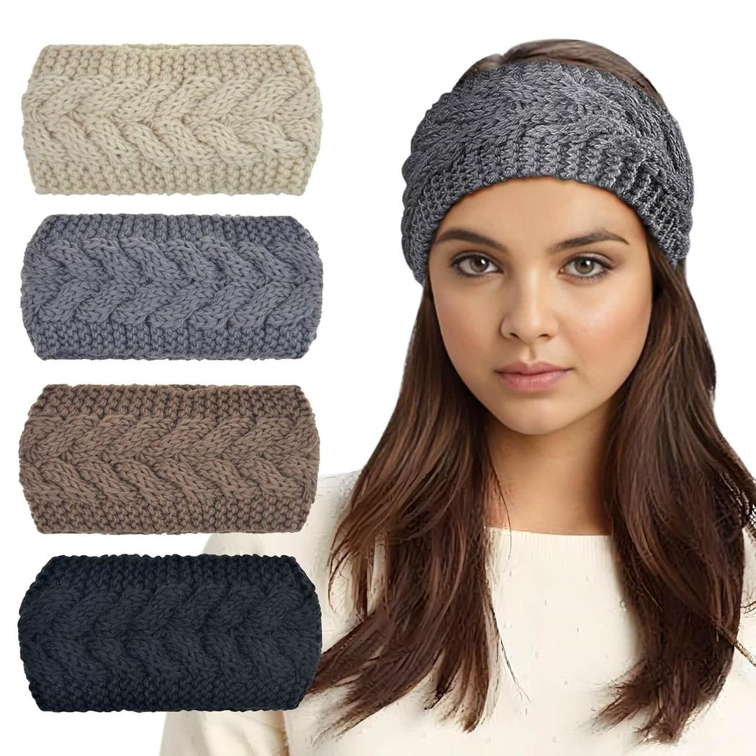 AQOKKA 4 Pieces Winter Wide Headbands for Women Knitted Ear Warmer Turban Headband Crocheted Warm Head Wraps for Women Girls