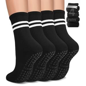 Pilates Socks with Grips for Women, Non-Slip Yoga Athletic Socks for Barre Barefoot Workout Hospital (US, Alpha, Small, Medium, Regular, Regular, 4 Black- 4 Pairs)