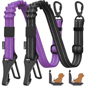 Pawaboo 2Pack Dog Seatbelt for Car, Dog Car Seat Belt Bungee, Shockproof Dog Tether for Car with Buckle & Hook Latch, Adjustable Reflective Dog Car Harness Leash with 360° Lockable Buckle, Purple