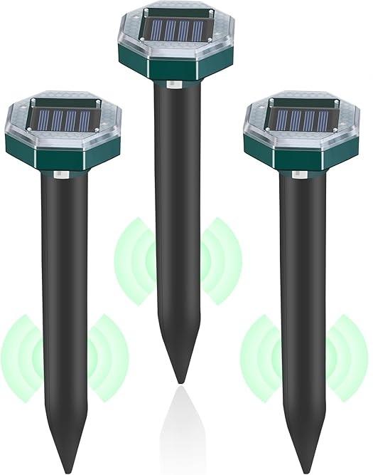 Mole Repellent Solar Powered, Ultrasonic Mole Deterrent Stakes, Sonic Spikes Repeller Snake Groundhog Vole Gopher Repellent for Lawns Garden Yard, 3 Pack