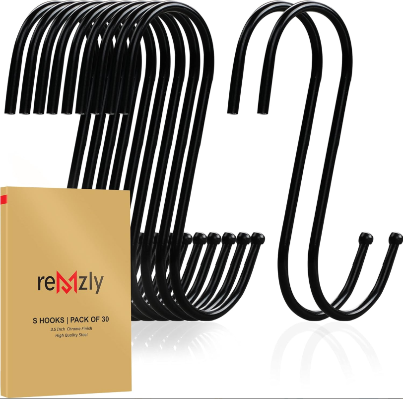 Remzly 30 Pack Black S Hooks for Hanging 3.5 Inch Heavy Duty Durable Metal Hooks Carbon Steel S Shaped Large S Hooks for Hanging Jeans Kitchen Utensils Plants Pot Pan Cups Towels & Bags
