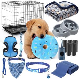 SmoothNovelty 35 Pcs Puppy Supplies Starter Kit for Small Dogs, Essentials Gift with Dog Cage Harness Leash, Slow Feed Bowls, Chew Toys, Training Kit for New Puppy Owners, First Time Dog Parents