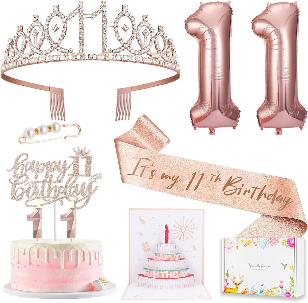 11th Birthday Decorations for Girls, 11th Birthday Sash and Crown, Pop Up Card, Cake Topper, Number Candles and Balloons, 11 Year Old Gifts for Girls