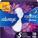 Always Radiant Flexfoam Pads for Women, Size 5, Extra Heavy Overnight Absorbency, With Wings, Scented, 18 Count