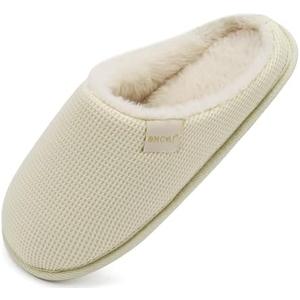 ONCAI Women's House Slippers, Cushion Memory Foam Waffle Upper Home Comfortable Warm Winter Cozy Soft Lightweight Indoor Best House Shoes Non-slip Rubber Sole US Size 10, Off White
