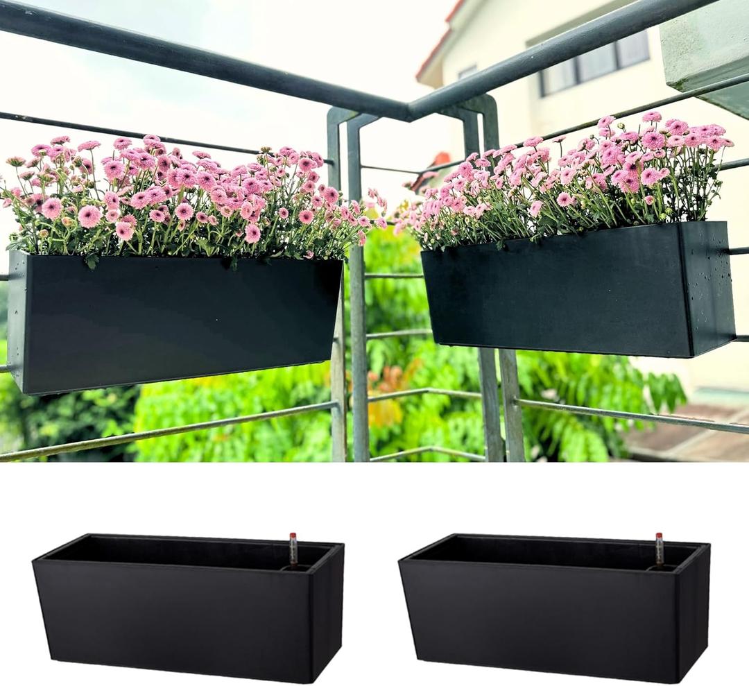 LaLaGreen Railing Planter Boxes (14 Inch, 2 Pack) Self-Watering Window Box Planters with Brackets, Rectangular Hanging Flower Pots for Balcony Deck Fence, Outdoor Herb Garden Plastic Planters Black