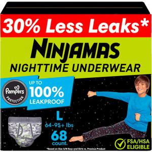 Ninjamas Boys Bedwetting Nighttime Underwear, Size L Pull Ups for Boys (64-95+ lbs), 68 Count, Training Pants, Overnight Underwear Kids, Ultra Absorbent, Hypoallergenic
