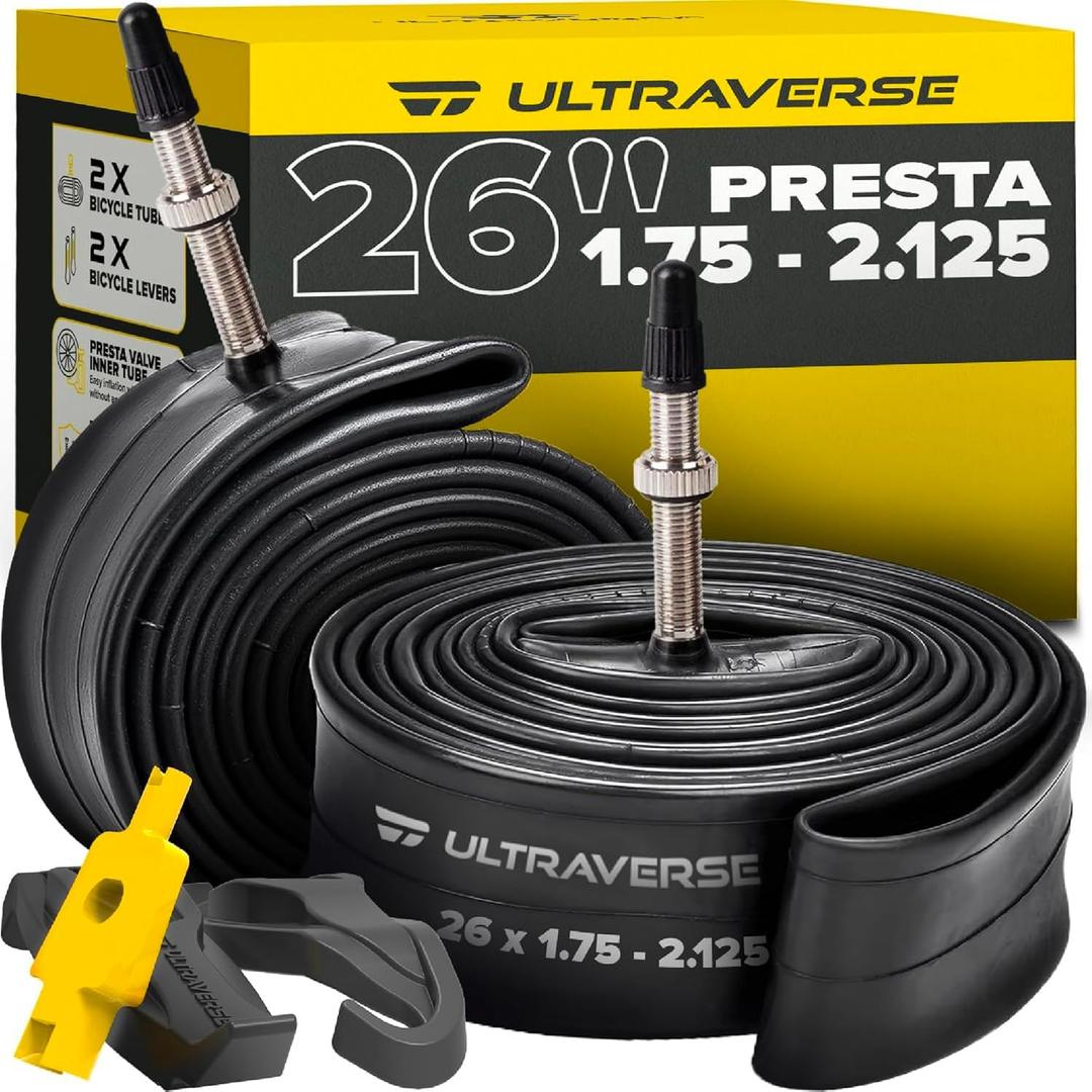 Ultraverse Bike Inner Tube for 26, 27.5 X 1.75/1.95/2.10/2.125 inch Bicycle tire Sizes with Presta Valve - Rubber Tubes for Mountain and Trail, Cruisers, MTB, and All Terrain Bikes, Set of 2