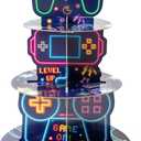 Neon Video Game Cupcake Stand - 3-Tier Glow Video Game Round Cake Stand Cupcake Tower, Gaming Themed Cardboard Dessert Holder Party Decorations for Kids Boys Birthday Party Supplies