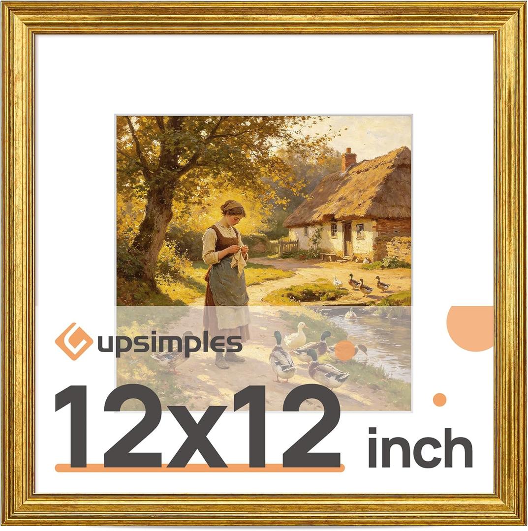 upsimples Vintage 12x12 Frame, Antique Gold Frames Display 8x8 with Mat or 12 x 12 Photo Without for Vertical or Horizontal Wall Decor, 1pack