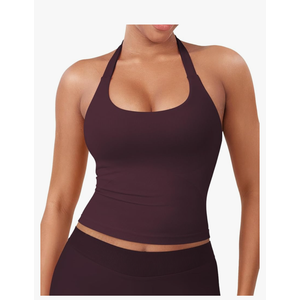 Women's Impact Halter Tank Top Longline Backless Scoop Neck Built-in Bra Sports Workout Gym Crop Top,XS