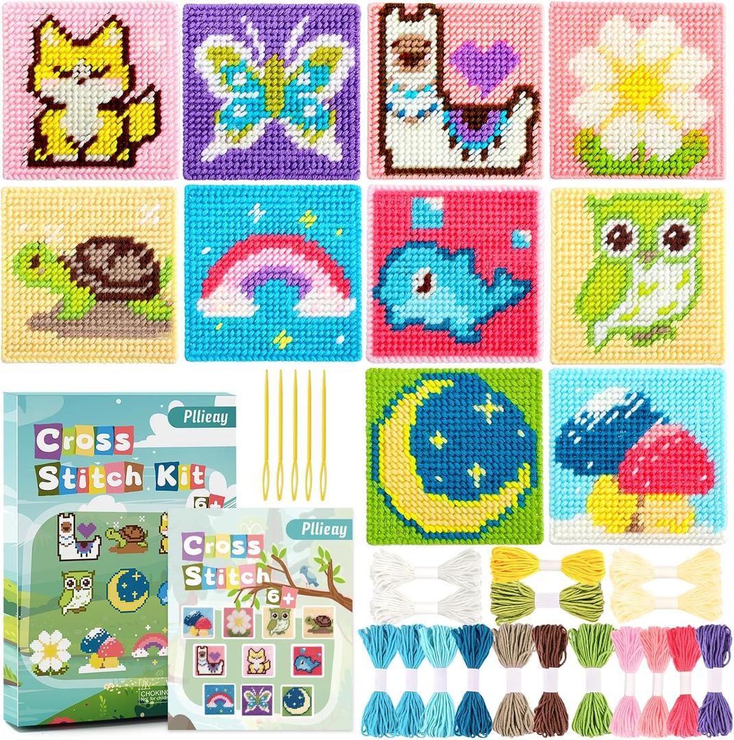 Pllieay 10-in-1 Cross Stitch Beginner Kit for Kids, Kids Embroidery Kit for Beginners Includes 10pcs Plastic Mesh Canvas with Different Pattern, 17 Colored Threads, Instructions for Christmas