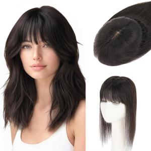 S-noilite Hair Toppers for Women Real Human Hair, 100% Human Hair Toppers with Bangs for Thin Hair, 3.5"*4.7" Handmade Nature-mimicking Scalp Base 10 Natural Black