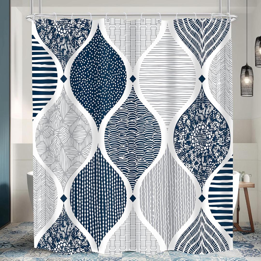 Long Navy Blue and Grey Shower Curtain 72Wx78H Inches Modern Bohemian Geometric Paisley Abstract Minimalist Simple Retro Fashion Groovy Fabric Waterproof Polyester with 12 Pack Hooks Plastic